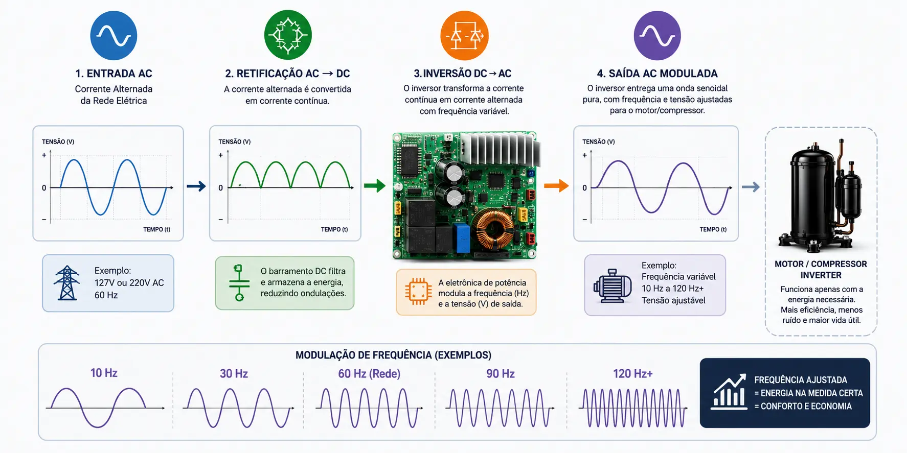 Gráfico explicativo mostrando a conversão de corrente elétrica AC para DC e a modulação de frequência em Hertz