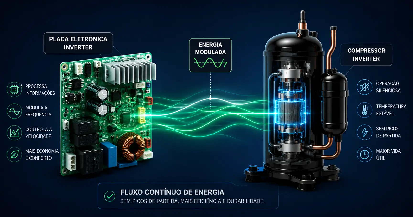 Diagrama explicativo mostrando uma placa eletrônica Inverter modulando o motor de um compressor